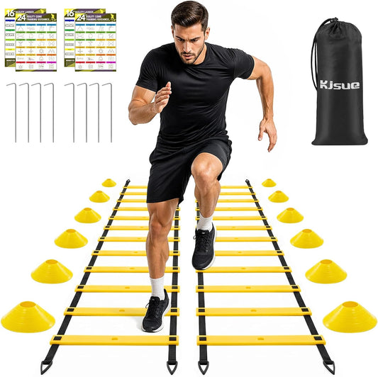2 Pack 20ft Agility Ladder Set, 40ft Total Adjustable Speed Ladder with 12 Cones, 8 Stakes, 1 Carry Bag - Parallel Footwork Drills Gear for Football Soccer Basketball Training Equipment