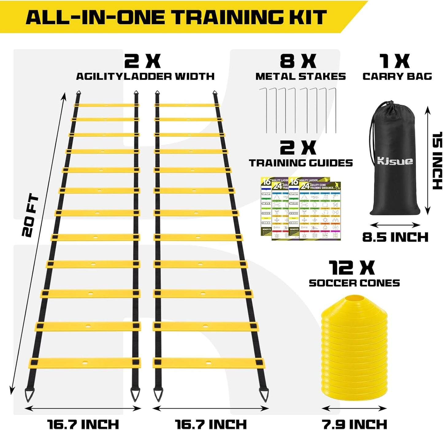 2 Pack 20ft Agility Ladder Set, 40ft Total Adjustable Speed Ladder with 12 Cones, 8 Stakes, 1 Carry Bag - Parallel Footwork Drills Gear for Football Soccer Basketball Training Equipment