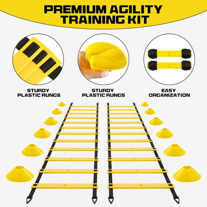 2 Pack 20ft Agility Ladder Set, 40ft Total Adjustable Speed Ladder with 12 Cones, 8 Stakes, 1 Carry Bag - Parallel Footwork Drills Gear for Football Soccer Basketball Training Equipment