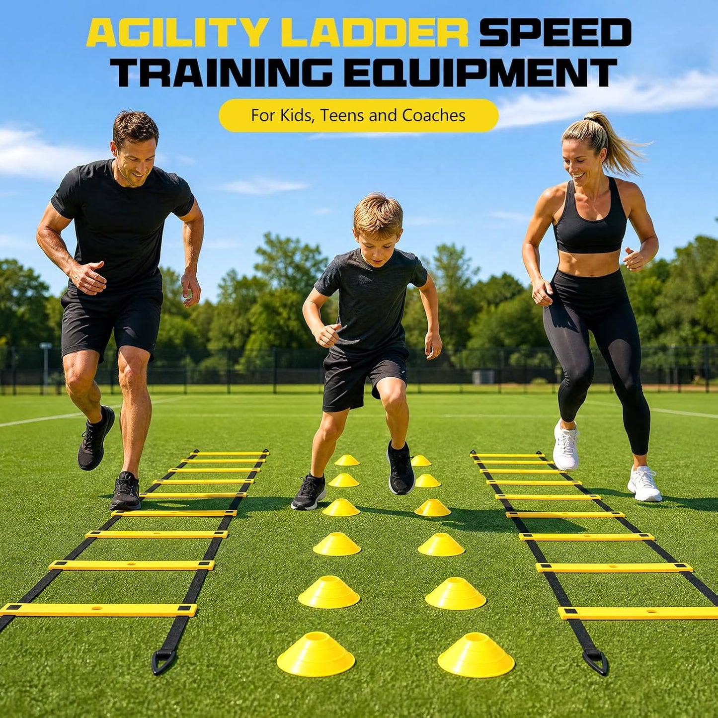 2 Pack 20ft Agility Ladder Set, 40ft Total Adjustable Speed Ladder with 12 Cones, 8 Stakes, 1 Carry Bag - Parallel Footwork Drills Gear for Football Soccer Basketball Training Equipment
