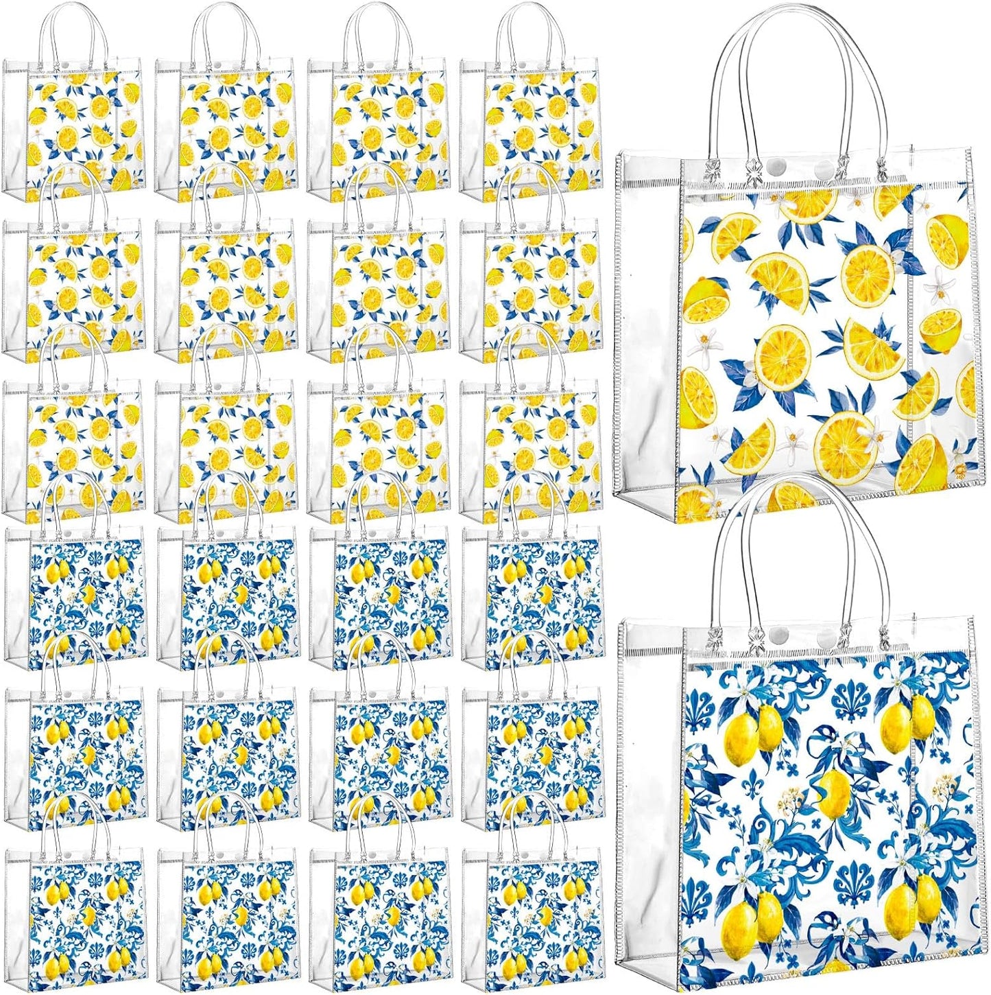 24 Pcs Capri Lemon Party Favor Bags with Handles Amalfi Coast Lemon Gift Bags PVC Summer Party Favor Reusable 6.3 x 5.9 Inches Blue Yellow Themed Goodie Handbags for Wedding Shower Supplies