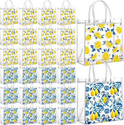 24 Pcs Capri Lemon Party Favor Bags with Handles Amalfi Coast Lemon Gift Bags PVC Summer Party Favor Reusable 6.3 x 5.9 Inches Blue Yellow Themed Goodie Handbags for Wedding Shower Supplies