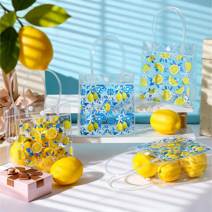 24 Pcs Capri Lemon Party Favor Bags with Handles Amalfi Coast Lemon Gift Bags PVC Summer Party Favor Reusable 6.3 x 5.9 Inches Blue Yellow Themed Goodie Handbags for Wedding Shower Supplies