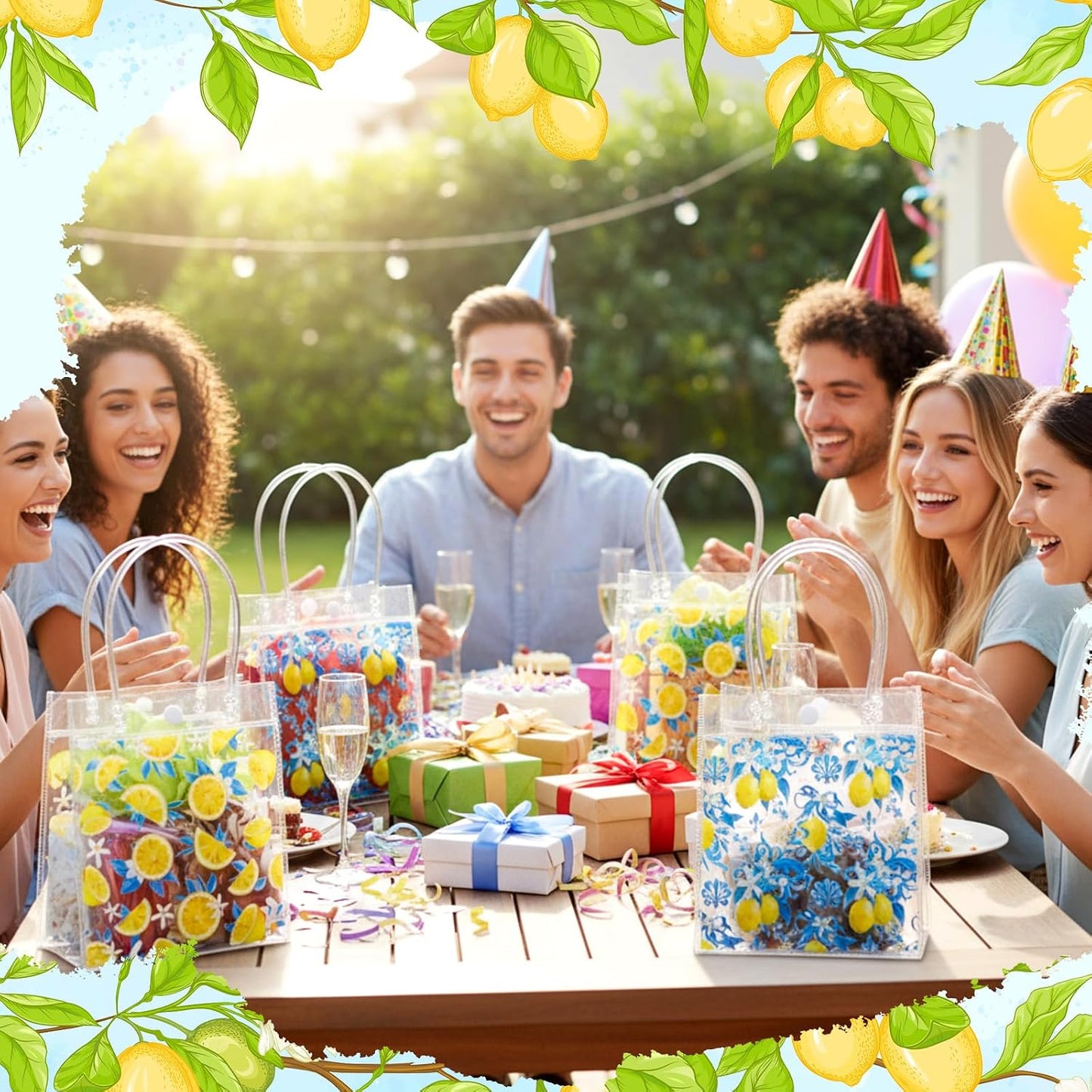 24 Pcs Capri Lemon Party Favor Bags with Handles Amalfi Coast Lemon Gift Bags PVC Summer Party Favor Reusable 6.3 x 5.9 Inches Blue Yellow Themed Goodie Handbags for Wedding Shower Supplies