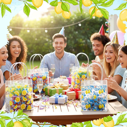 24 Pcs Capri Lemon Party Favor Bags with Handles Amalfi Coast Lemon Gift Bags PVC Summer Party Favor Reusable 6.3 x 5.9 Inches Blue Yellow Themed Goodie Handbags for Wedding Shower Supplies
