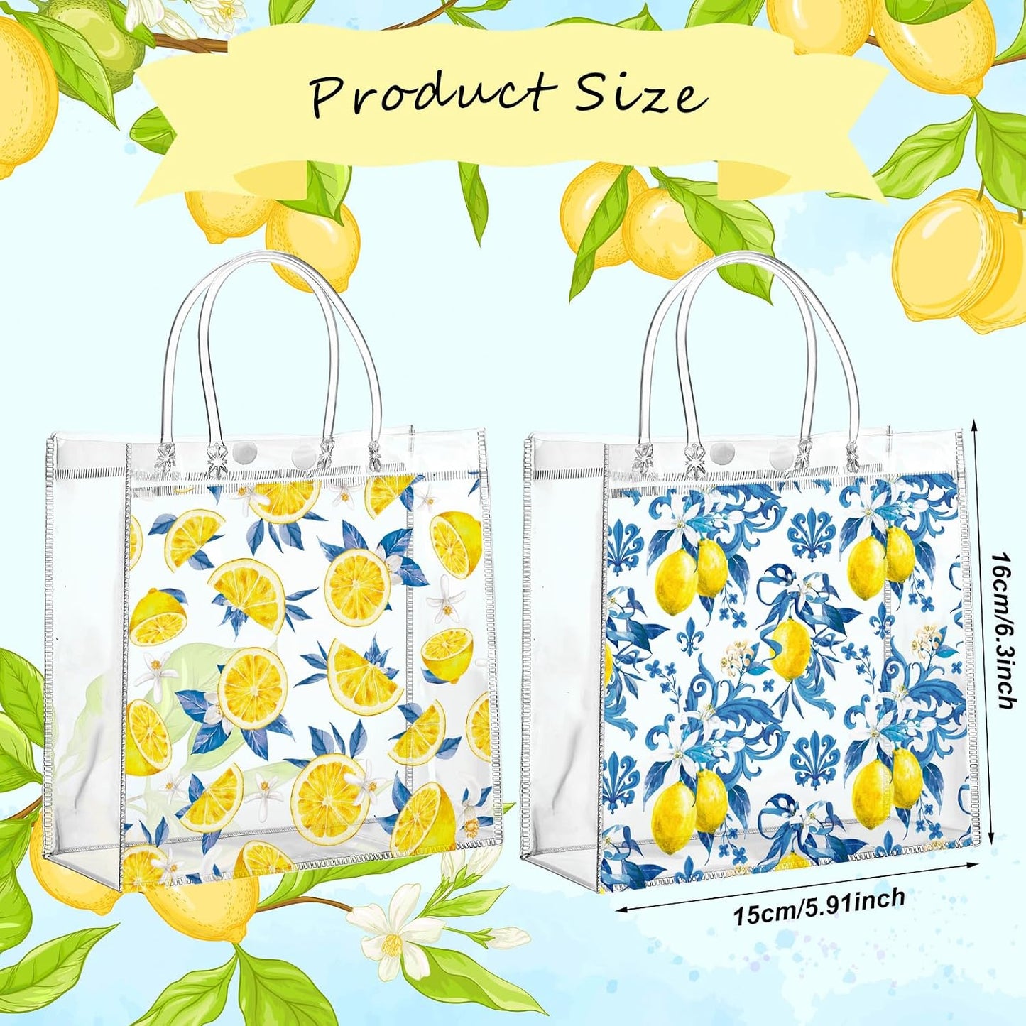 24 Pcs Capri Lemon Party Favor Bags with Handles Amalfi Coast Lemon Gift Bags PVC Summer Party Favor Reusable 6.3 x 5.9 Inches Blue Yellow Themed Goodie Handbags for Wedding Shower Supplies