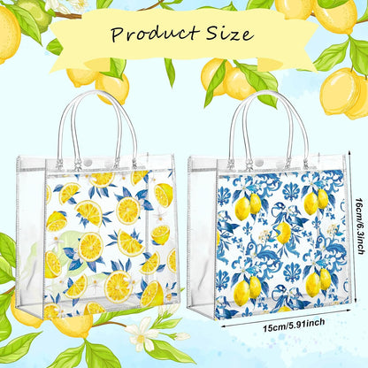 24 Pcs Capri Lemon Party Favor Bags with Handles Amalfi Coast Lemon Gift Bags PVC Summer Party Favor Reusable 6.3 x 5.9 Inches Blue Yellow Themed Goodie Handbags for Wedding Shower Supplies