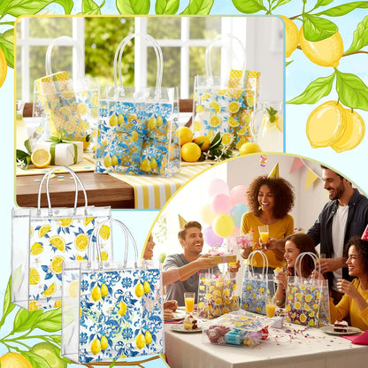 24 Pcs Capri Lemon Party Favor Bags with Handles Amalfi Coast Lemon Gift Bags PVC Summer Party Favor Reusable 6.3 x 5.9 Inches Blue Yellow Themed Goodie Handbags for Wedding Shower Supplies