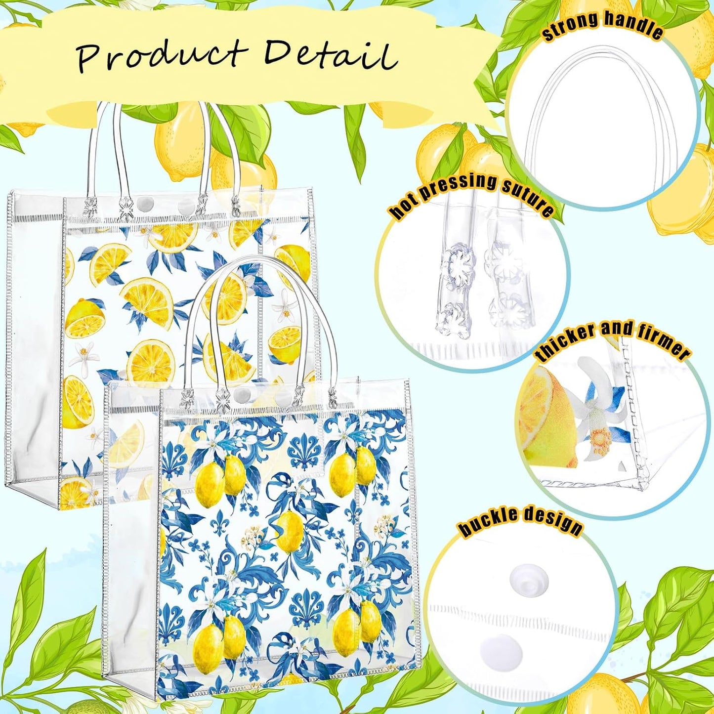 24 Pcs Capri Lemon Party Favor Bags with Handles Amalfi Coast Lemon Gift Bags PVC Summer Party Favor Reusable 6.3 x 5.9 Inches Blue Yellow Themed Goodie Handbags for Wedding Shower Supplies