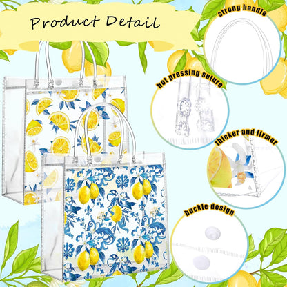 24 Pcs Capri Lemon Party Favor Bags with Handles Amalfi Coast Lemon Gift Bags PVC Summer Party Favor Reusable 6.3 x 5.9 Inches Blue Yellow Themed Goodie Handbags for Wedding Shower Supplies