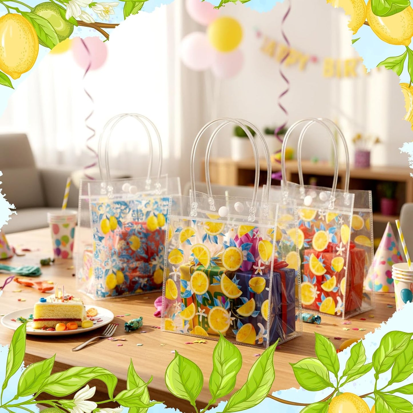 24 Pcs Capri Lemon Party Favor Bags with Handles Amalfi Coast Lemon Gift Bags PVC Summer Party Favor Reusable 6.3 x 5.9 Inches Blue Yellow Themed Goodie Handbags for Wedding Shower Supplies
