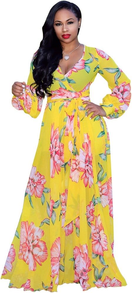 Nuofengkudu Womens Chiffon Deep V-Neck Maxi Dress Summer Boho Dresses(S-5XL)