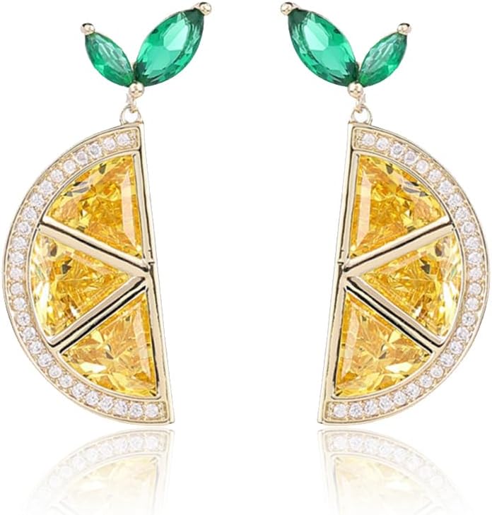 Boho Bow Lemon Stud Earrings for Women 14K Gold Cute Fine Cubic Zirconia Dorp Dangle Earrings Fruit Shape Hypoallergenic Jewelry Gift