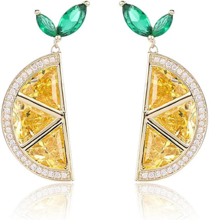 Boho Bow Lemon Stud Earrings for Women 14K Gold Cute Fine Cubic Zirconia Dorp Dangle Earrings Fruit Shape Hypoallergenic Jewelry Gift