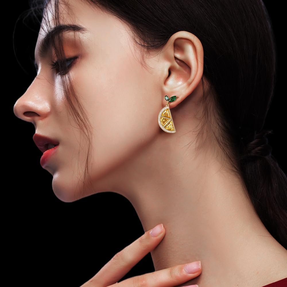 Boho Bow Lemon Stud Earrings for Women 14K Gold Cute Fine Cubic Zirconia Dorp Dangle Earrings Fruit Shape Hypoallergenic Jewelry Gift