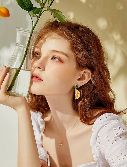 Boho Bow Lemon Stud Earrings for Women 14K Gold Cute Fine Cubic Zirconia Dorp Dangle Earrings Fruit Shape Hypoallergenic Jewelry Gift