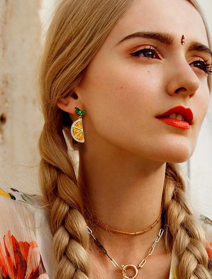 Boho Bow Lemon Stud Earrings for Women 14K Gold Cute Fine Cubic Zirconia Dorp Dangle Earrings Fruit Shape Hypoallergenic Jewelry Gift