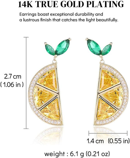 Boho Bow Lemon Stud Earrings for Women 14K Gold Cute Fine Cubic Zirconia Dorp Dangle Earrings Fruit Shape Hypoallergenic Jewelry Gift