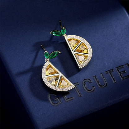 Boho Bow Lemon Stud Earrings for Women 14K Gold Cute Fine Cubic Zirconia Dorp Dangle Earrings Fruit Shape Hypoallergenic Jewelry Gift
