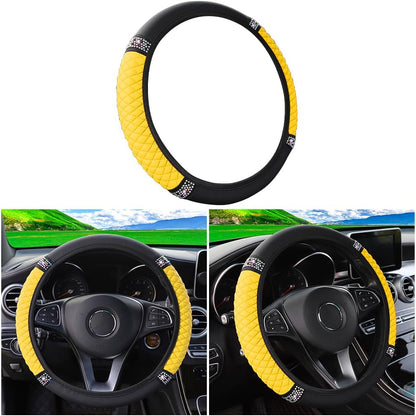 15 Inch Rhinestone Leather Steering Wheel Cover, Yellow | elastic stretch fit, anti-slip surface, interior protection, fits most cars and SUVs, car interior accessory