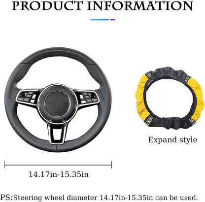 15 Inch Rhinestone Leather Steering Wheel Cover, Yellow | elastic stretch fit, anti-slip surface, interior protection, fits most cars and SUVs, car interior accessory
