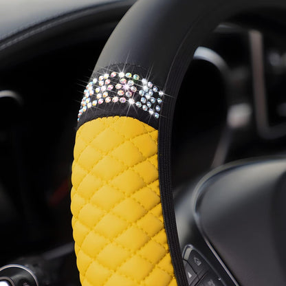 15 Inch Rhinestone Leather Steering Wheel Cover, Yellow | elastic stretch fit, anti-slip surface, interior protection, fits most cars and SUVs, car interior accessory