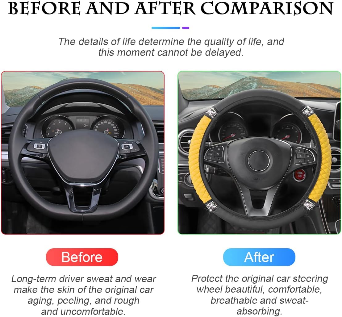 15 Inch Rhinestone Leather Steering Wheel Cover, Yellow | elastic stretch fit, anti-slip surface, interior protection, fits most cars and SUVs, car interior accessory