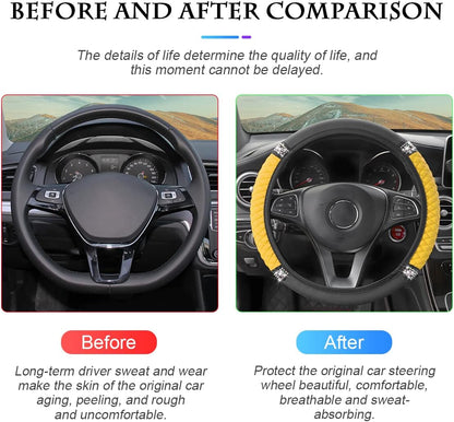 15 Inch Rhinestone Leather Steering Wheel Cover, Yellow | elastic stretch fit, anti-slip surface, interior protection, fits most cars and SUVs, car interior accessory
