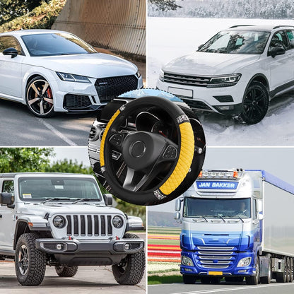 15 Inch Rhinestone Leather Steering Wheel Cover, Yellow | elastic stretch fit, anti-slip surface, interior protection, fits most cars and SUVs, car interior accessory
