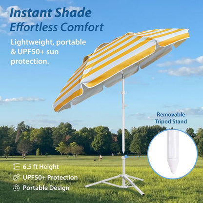 Shade Umbrella, Premium Portable Umbrella with Stand, 6.5ft Lightweight Free Standing Canopy for Sporting Games, Adjustable Instant Sun Protection and Easy to Carry, Stripe Yellow