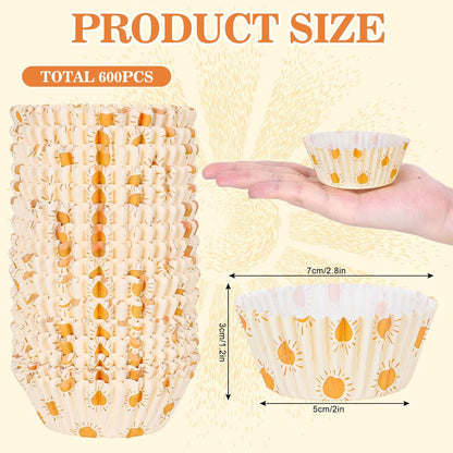 600Pcs Boho Sun Cupcake Liners Hippie Summer Sunshine Cupcake Wrappers First Trip Around The Sun Party Paper Baking Cup Holder for Baby Shower Wedding Birthday Party