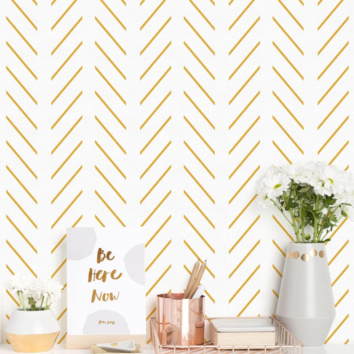 Peel and Stick Wallpaper Yellow and White Contact Paper | 17.7 in x393.7 in Herringbone Geometric Wall Paper Peel and Stick Modern Lines Decorative Self Adhesive Wallpaper for Bedroom