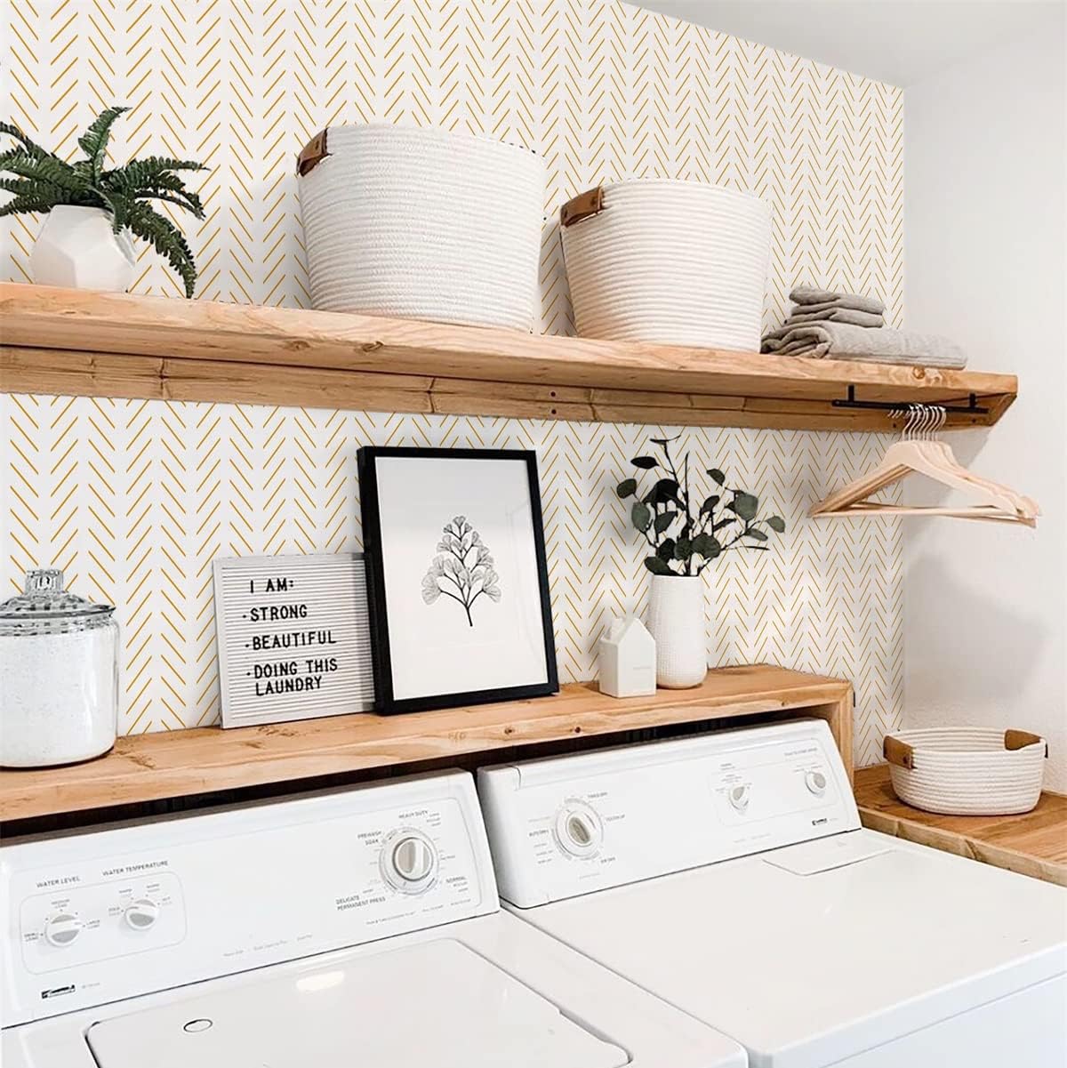 Peel and Stick Wallpaper Yellow and White Contact Paper | 17.7 in x393.7 in Herringbone Geometric Wall Paper Peel and Stick Modern Lines Decorative Self Adhesive Wallpaper for Bedroom