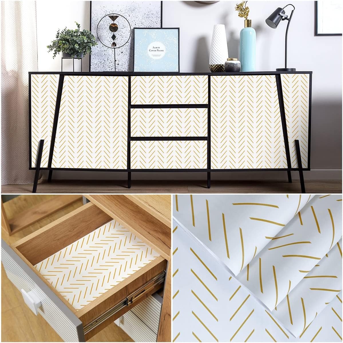 Peel and Stick Wallpaper Yellow and White Contact Paper | 17.7 in x393.7 in Herringbone Geometric Wall Paper Peel and Stick Modern Lines Decorative Self Adhesive Wallpaper for Bedroom