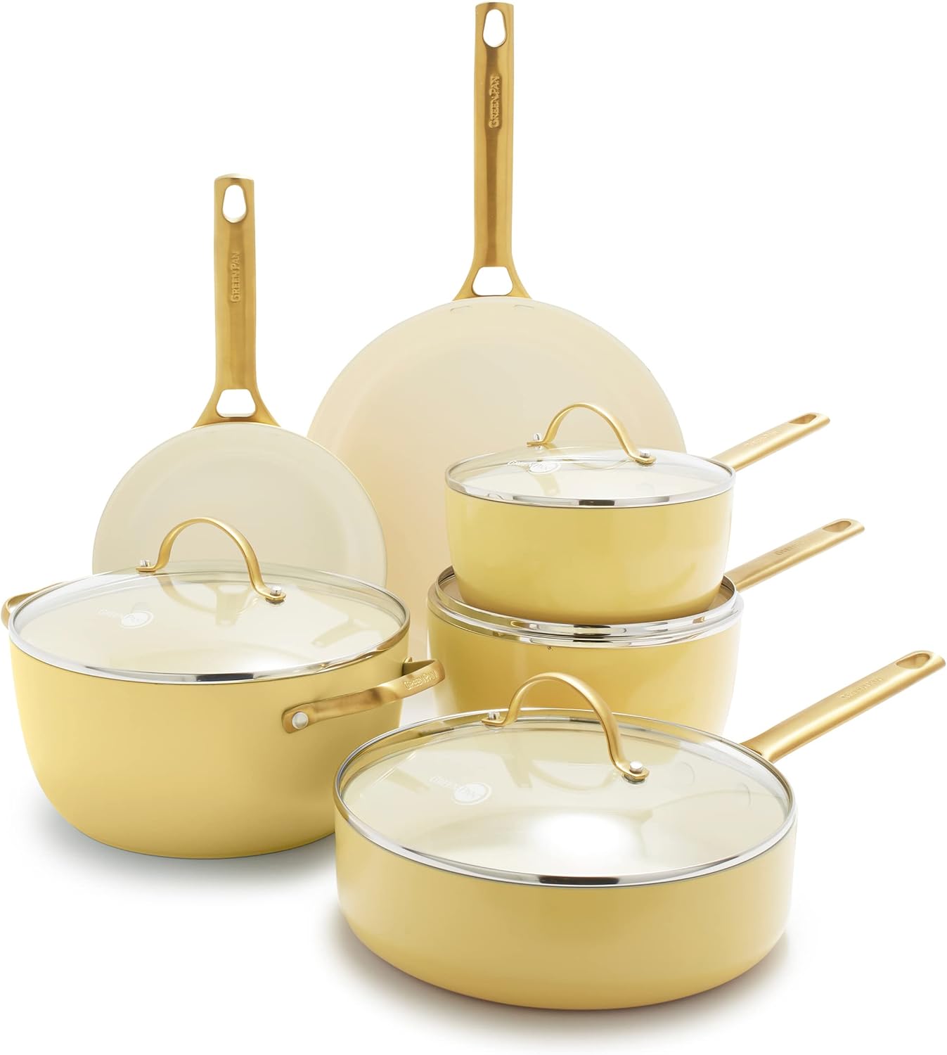 Hard Anodized Healthy Ceramic Nonstick 10 Piece Cookware Pots and Pans Set, Gold Handle, PFAS-Free, Dishwasher Safe, Oven Safe, Sunrise Yellow