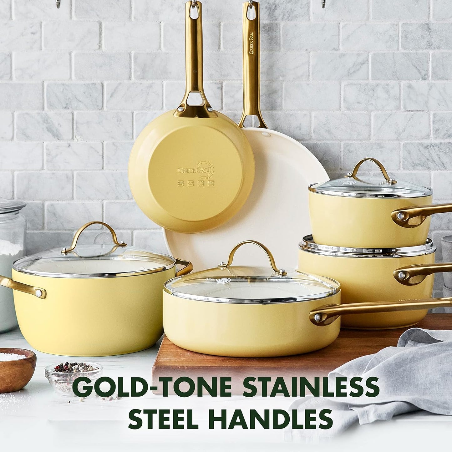 Hard Anodized Healthy Ceramic Nonstick 10 Piece Cookware Pots and Pans Set, Gold Handle, PFAS-Free, Dishwasher Safe, Oven Safe, Sunrise Yellow