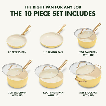 Hard Anodized Healthy Ceramic Nonstick 10 Piece Cookware Pots and Pans Set, Gold Handle, PFAS-Free, Dishwasher Safe, Oven Safe, Sunrise Yellow