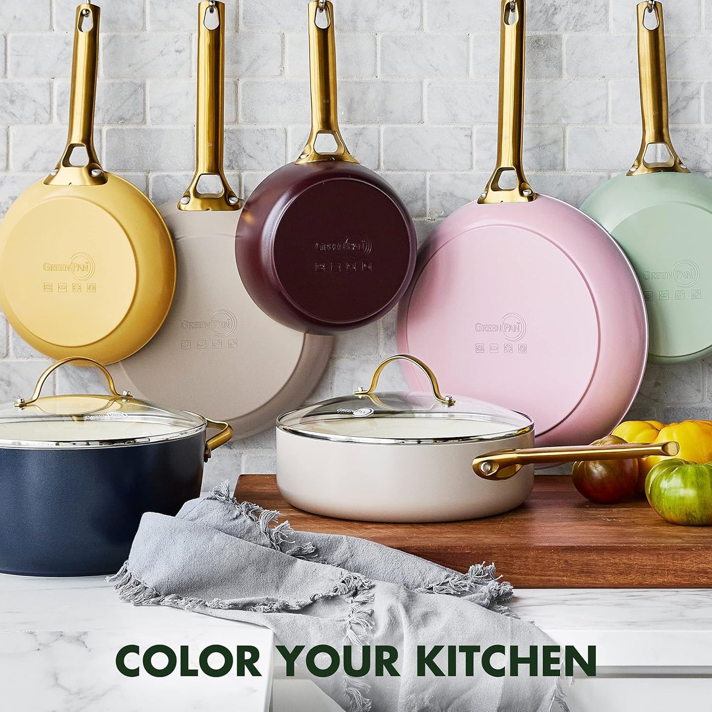 Hard Anodized Healthy Ceramic Nonstick 10 Piece Cookware Pots and Pans Set, Gold Handle, PFAS-Free, Dishwasher Safe, Oven Safe, Sunrise Yellow