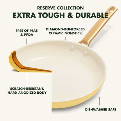 Hard Anodized Healthy Ceramic Nonstick 10 Piece Cookware Pots and Pans Set, Gold Handle, PFAS-Free, Dishwasher Safe, Oven Safe, Sunrise Yellow