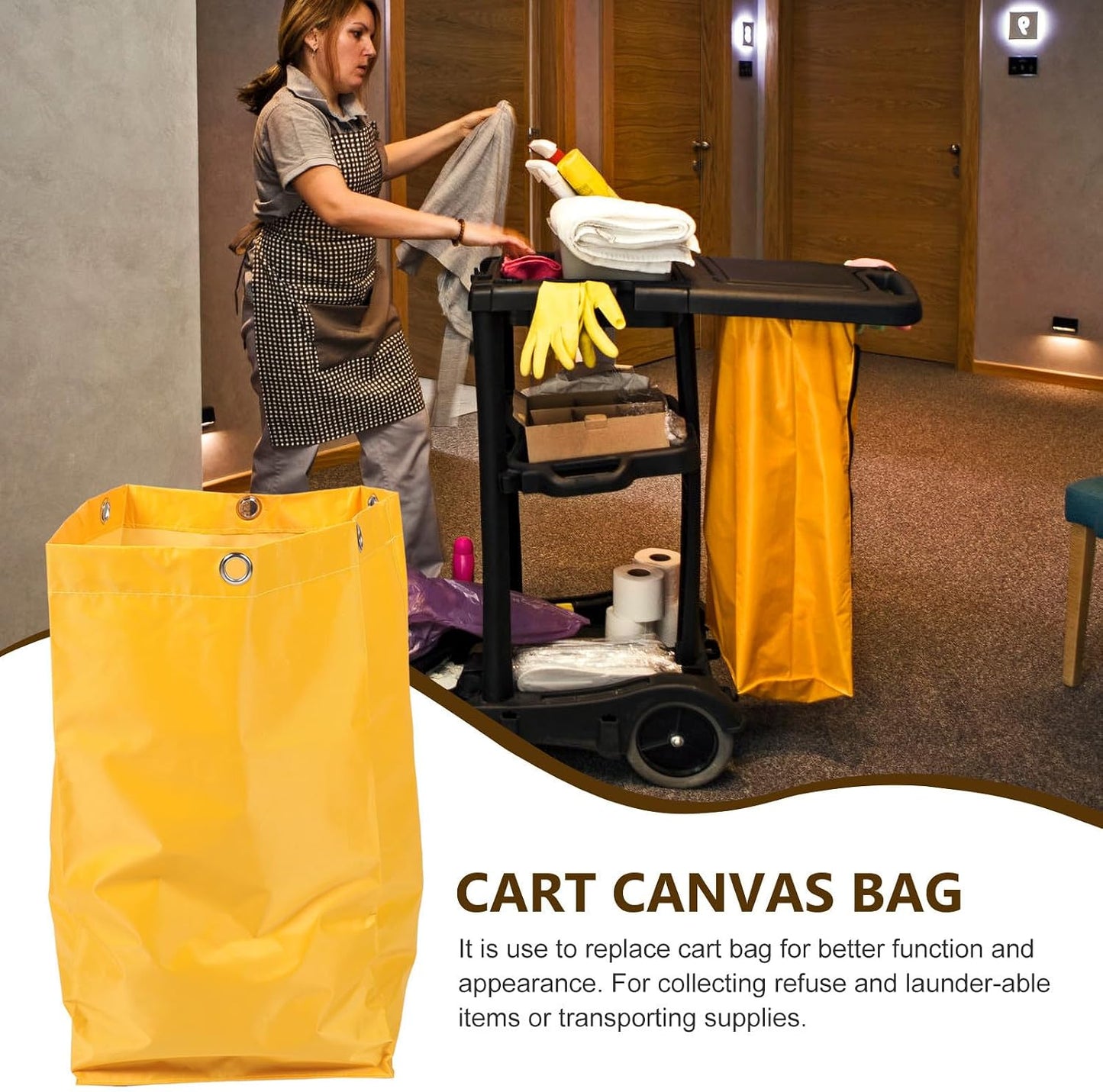 Janitorial Cart Replacement Bag for Cleaning Trolley, Heavy Duty Yellow Fabric with 6 Metal Hanging Holes, Suitable for Housekeeping and Hotels, Reduces Use of Plastic Bags