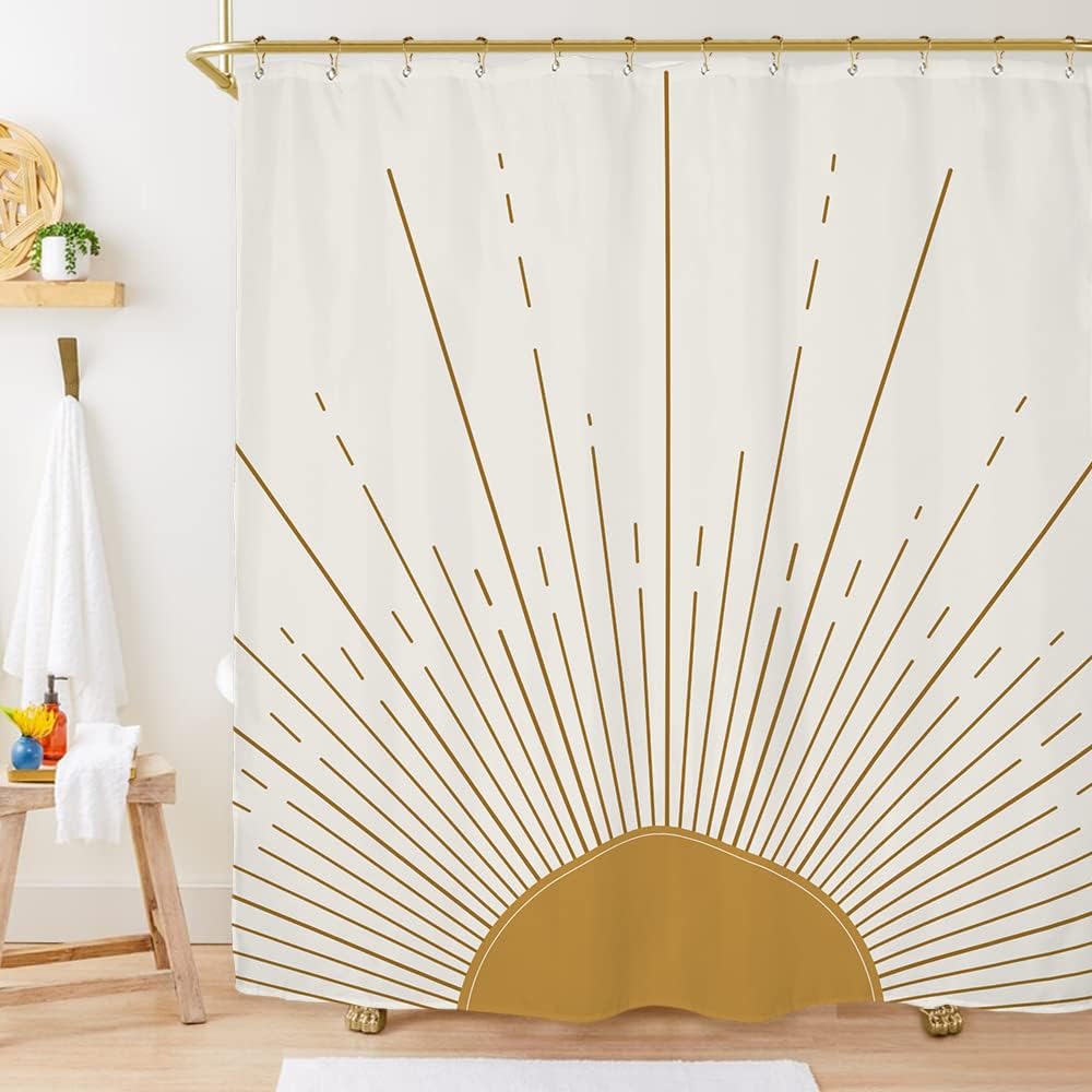 Abstract Sun Shower Curtain Set 60Wx71H Inches Modern Minimalist Mid Century Aesthetic Mustard Yellow Sunburst Sunrise Simple Polyester Waterproof Cloth Bathroom Curtain with 12 Hooks