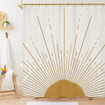 Abstract Sun Shower Curtain Set 60Wx71H Inches Modern Minimalist Mid Century Aesthetic Mustard Yellow Sunburst Sunrise Simple Polyester Waterproof Cloth Bathroom Curtain with 12 Hooks