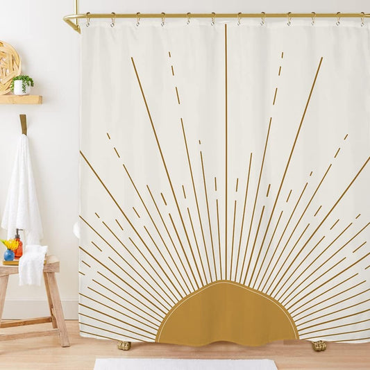 Abstract Sun Shower Curtain Set 60Wx71H Inches Modern Minimalist Mid Century Aesthetic Mustard Yellow Sunburst Sunrise Simple Polyester Waterproof Cloth Bathroom Curtain with 12 Hooks