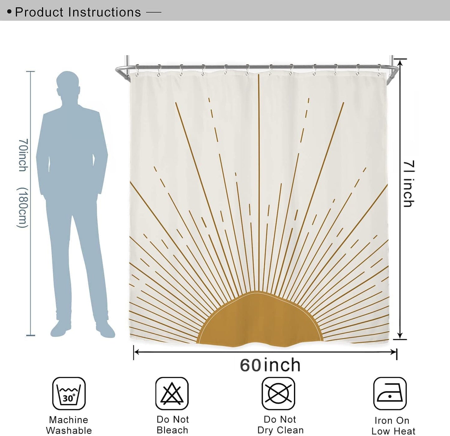 Abstract Sun Shower Curtain Set 60Wx71H Inches Modern Minimalist Mid Century Aesthetic Mustard Yellow Sunburst Sunrise Simple Polyester Waterproof Cloth Bathroom Curtain with 12 Hooks