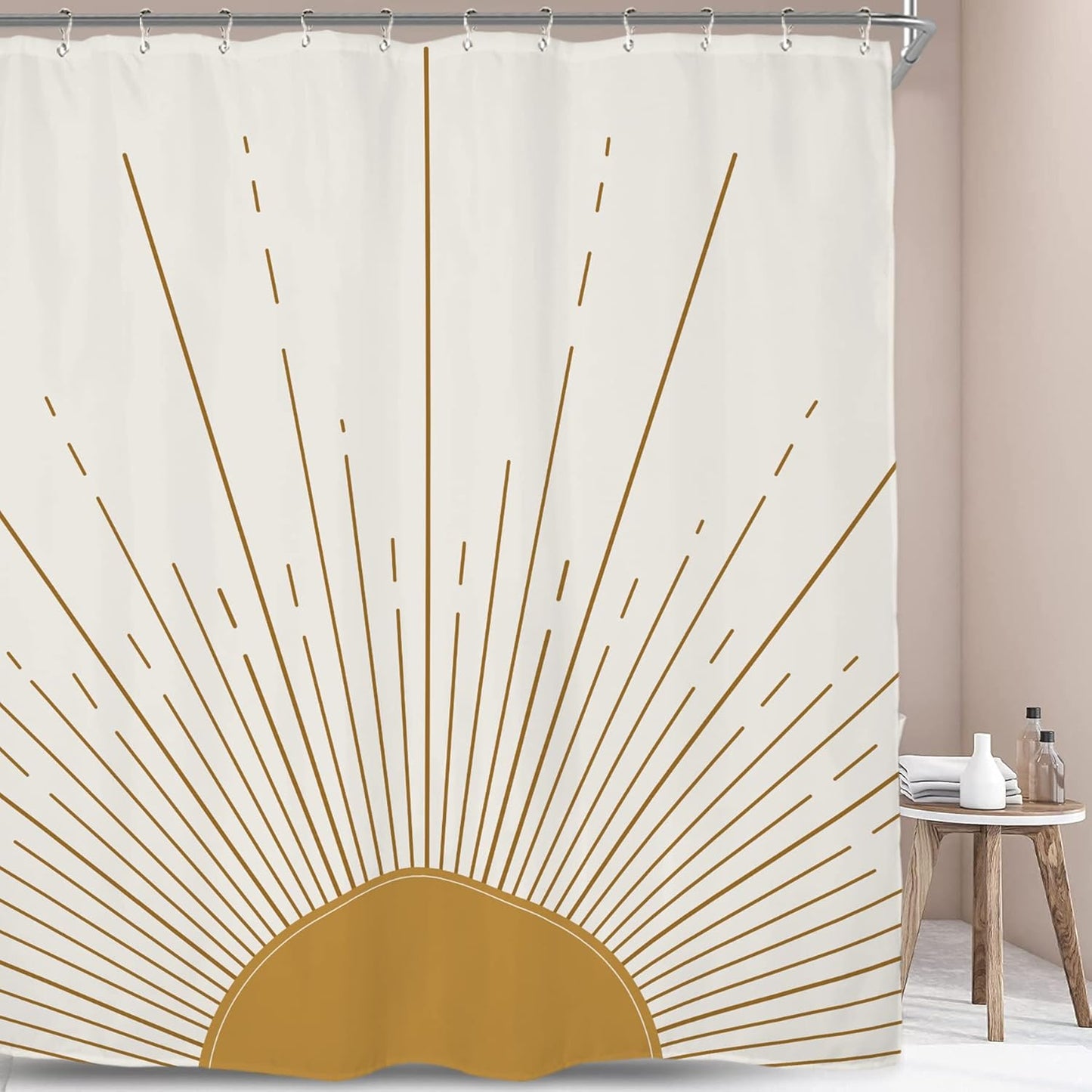 Abstract Sun Shower Curtain Set 60Wx71H Inches Modern Minimalist Mid Century Aesthetic Mustard Yellow Sunburst Sunrise Simple Polyester Waterproof Cloth Bathroom Curtain with 12 Hooks