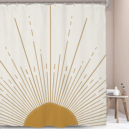 Abstract Sun Shower Curtain Set 60Wx71H Inches Modern Minimalist Mid Century Aesthetic Mustard Yellow Sunburst Sunrise Simple Polyester Waterproof Cloth Bathroom Curtain with 12 Hooks