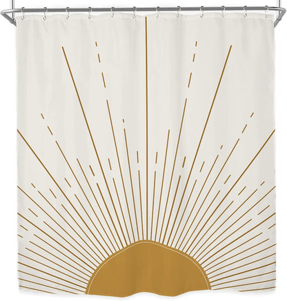Abstract Sun Shower Curtain Set 60Wx71H Inches Modern Minimalist Mid Century Aesthetic Mustard Yellow Sunburst Sunrise Simple Polyester Waterproof Cloth Bathroom Curtain with 12 Hooks