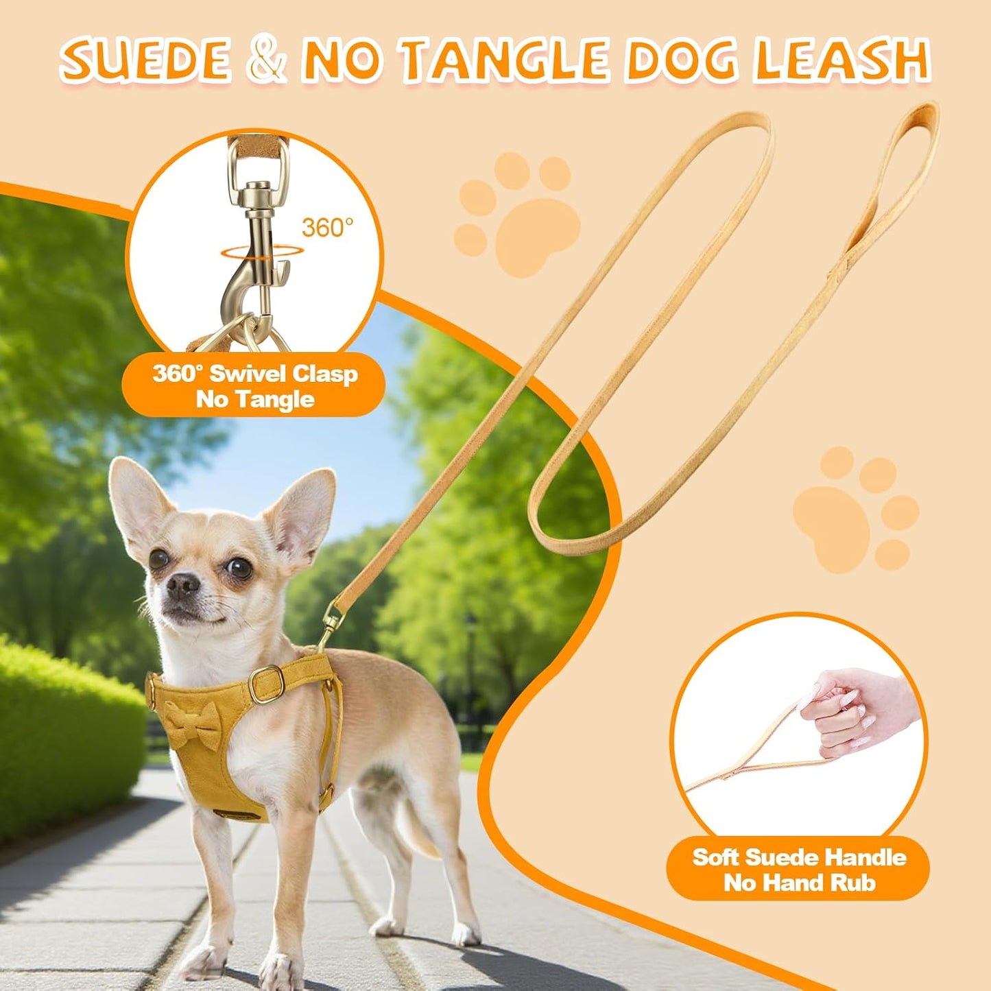 No Pull Small Dog Harness and Leash Set, Adjustable Puppy Harness for Extra Small XS XXS Girl Dogs, Soft Suede No Choke and Escape Proof Pet Harness Vest Leash for Puppy Cat (Yellow XXS)