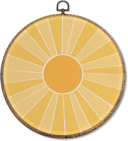 Boho Abstract Sunshine Round Wall Art Decor, Mid Century Sunshine Canvas Artwork Framed, Boho Yellow Sun Wall Hanging Prints Decorations for Home Bedroom Living Room Decor, 10x10 Inches