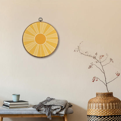 Boho Abstract Sunshine Round Wall Art Decor, Mid Century Sunshine Canvas Artwork Framed, Boho Yellow Sun Wall Hanging Prints Decorations for Home Bedroom Living Room Decor, 10x10 Inches